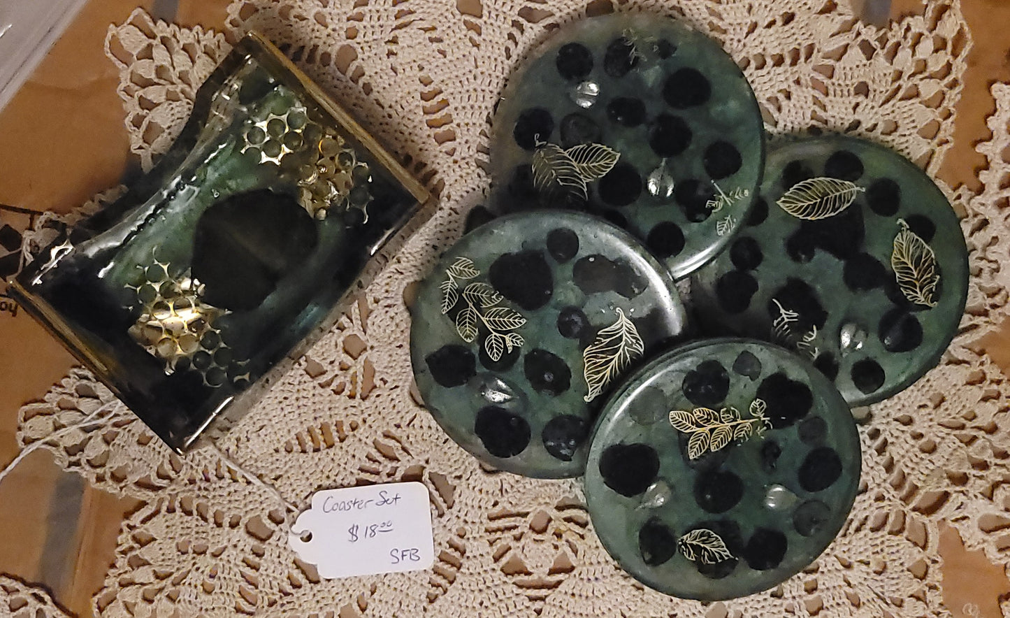 Keepsake Green and Gold Resin Coaster set