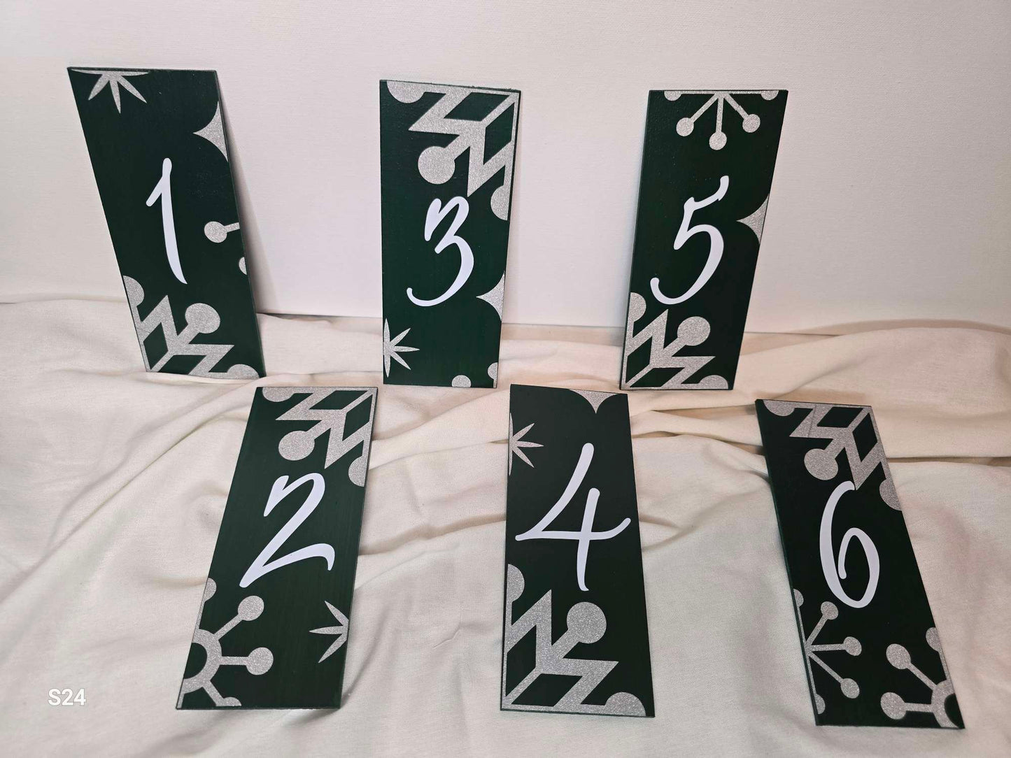 Painted Wooden Table number set with Shimmer/Glitter vinyl Accents (1-6 pictured)