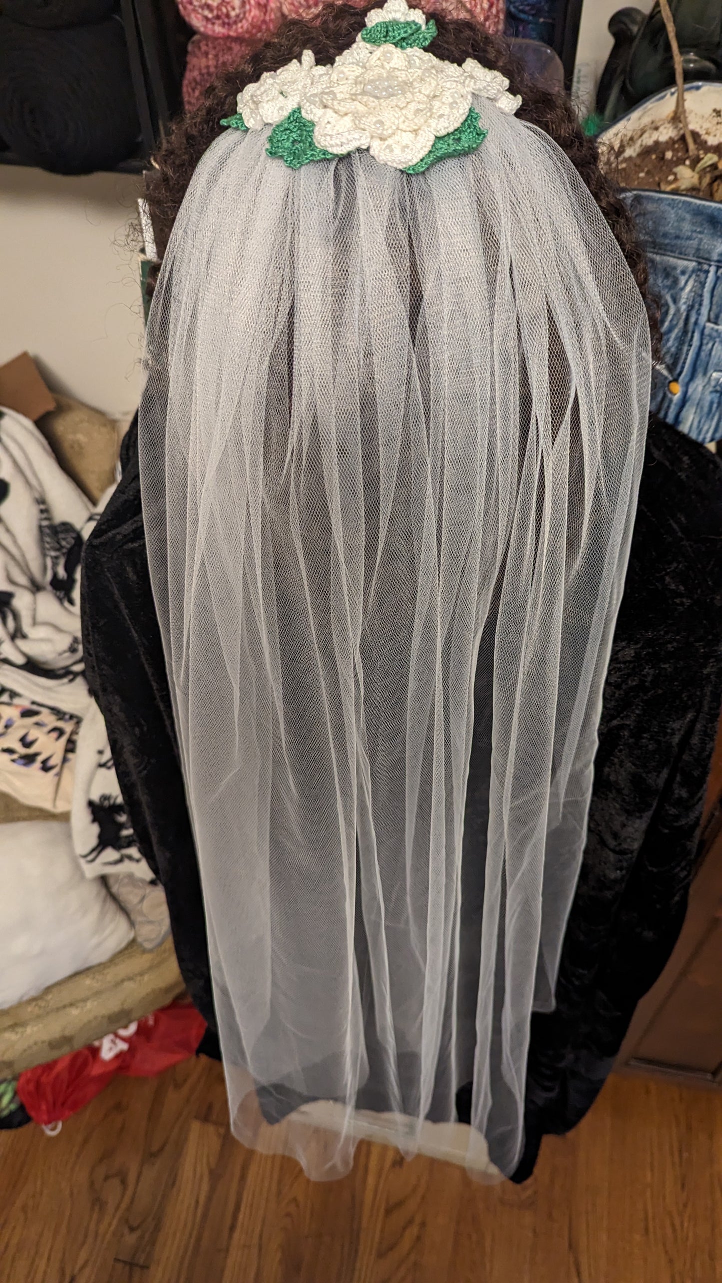 Crochet and Beaded White Flower Tulle Veil