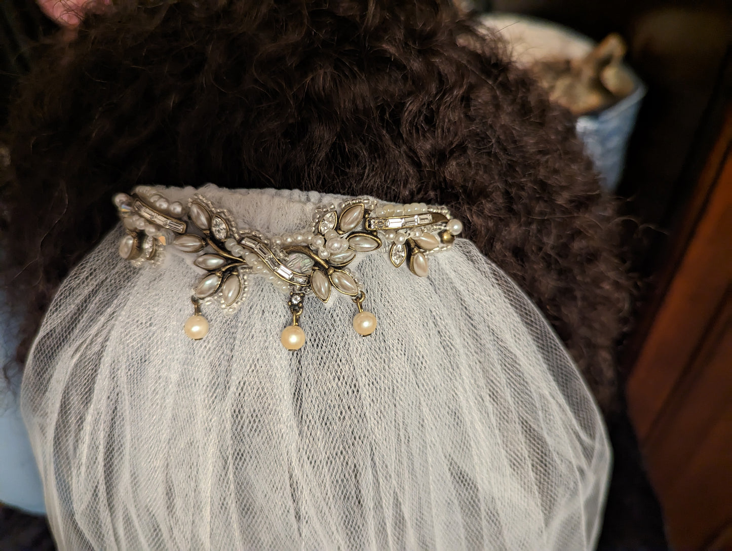 Vintage pearl and crystal beaded veil with handkerchief hem