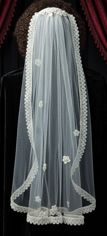 "Something Blue" cascading crochet flower veil with scalloped lace beaded hem