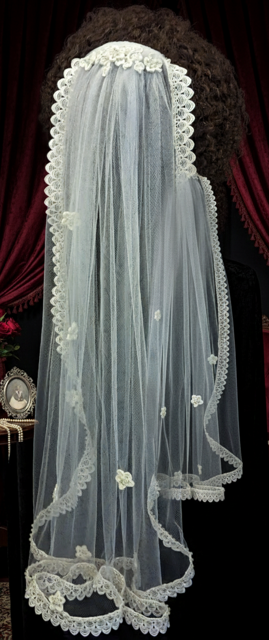 "Something Blue" cascading crochet flower veil with scalloped lace beaded hem