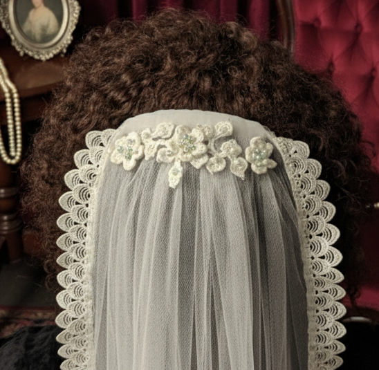 "Something Blue" cascading crochet flower veil with scalloped lace beaded hem